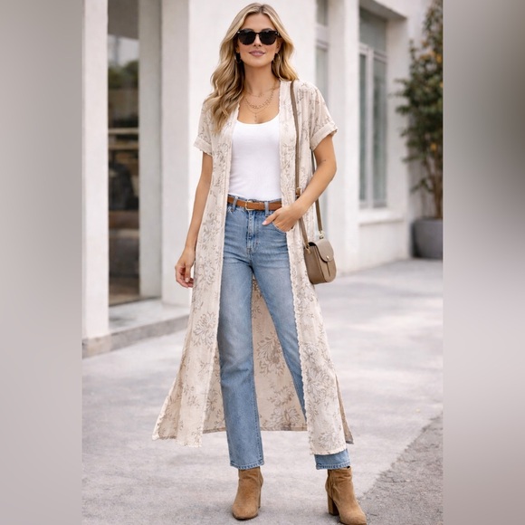 Elena Baldi Sweaters - Elena Baldi Italian Silk Blend Cream Floral Duster Cardigan